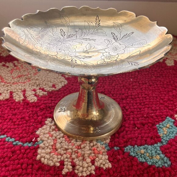 Vintage Etched Brass Bowl on Pedestal Stem - 1970's - Picture 15 of 15